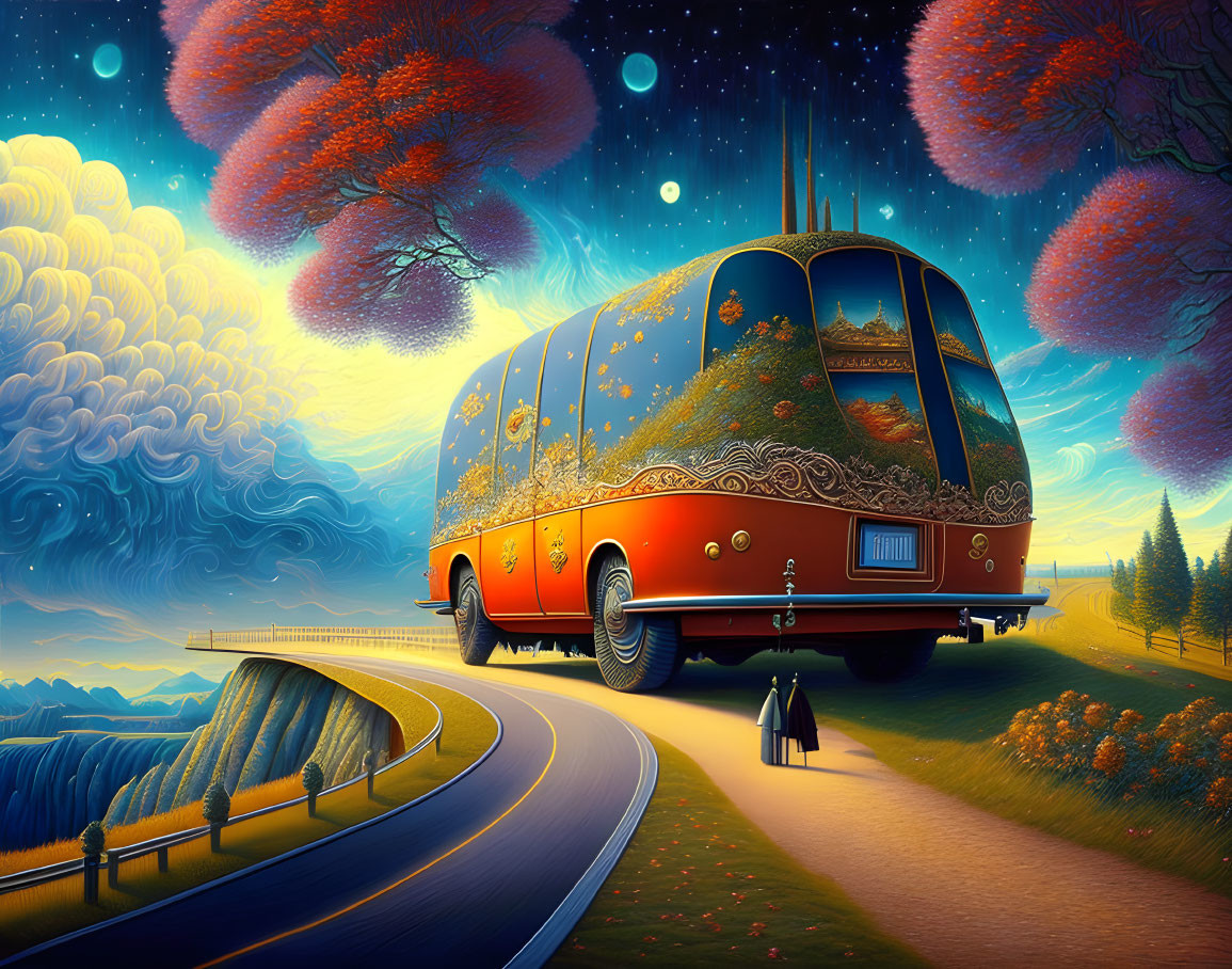 Vintage-style red bus on winding road in dreamlike landscape