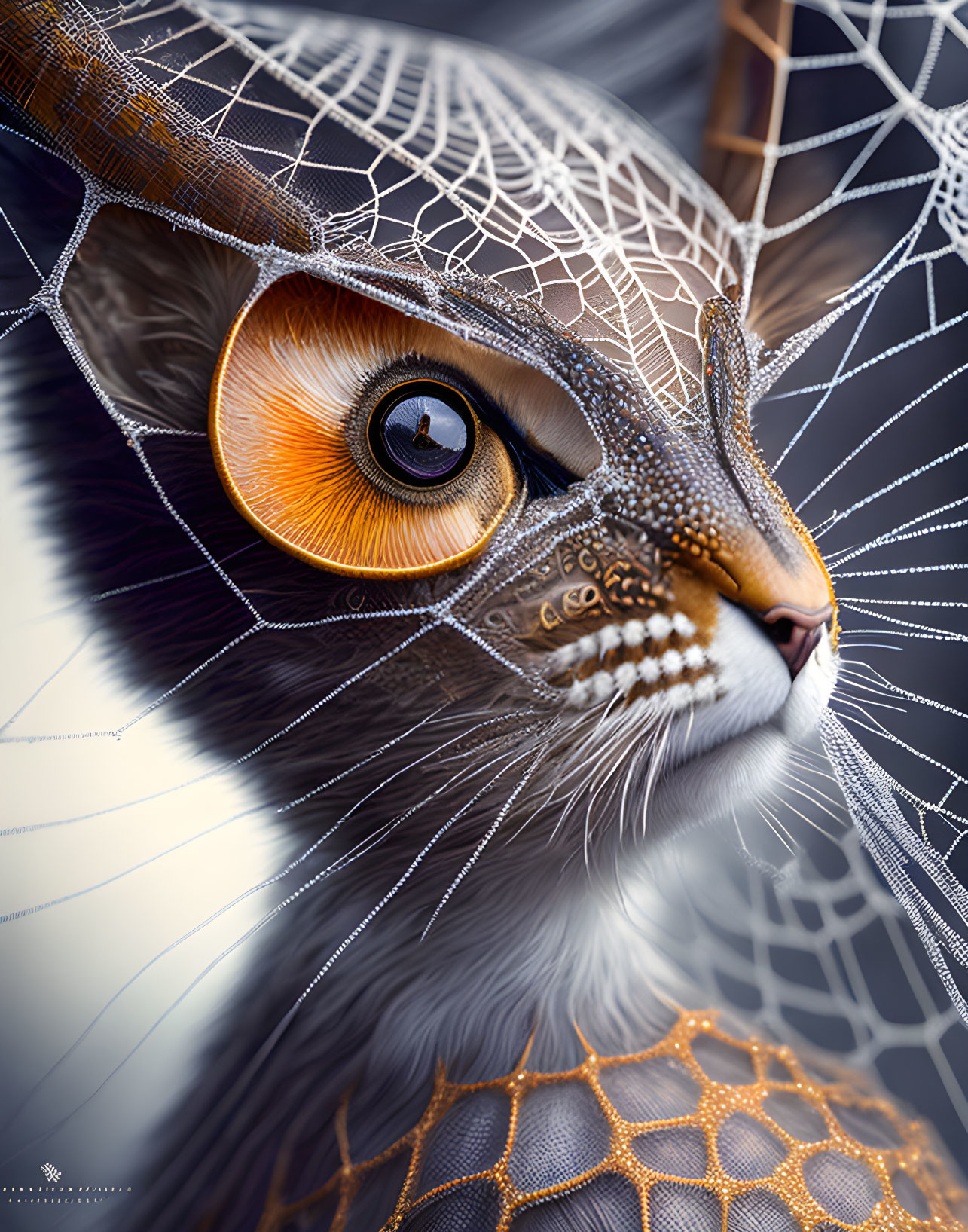 Close-up Cat Digital Artwork: Intricate Web Patterns, Orange Eyes