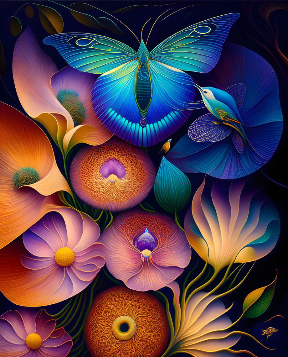 Colorful illustration: blue butterfly, flowers, bird on dark background