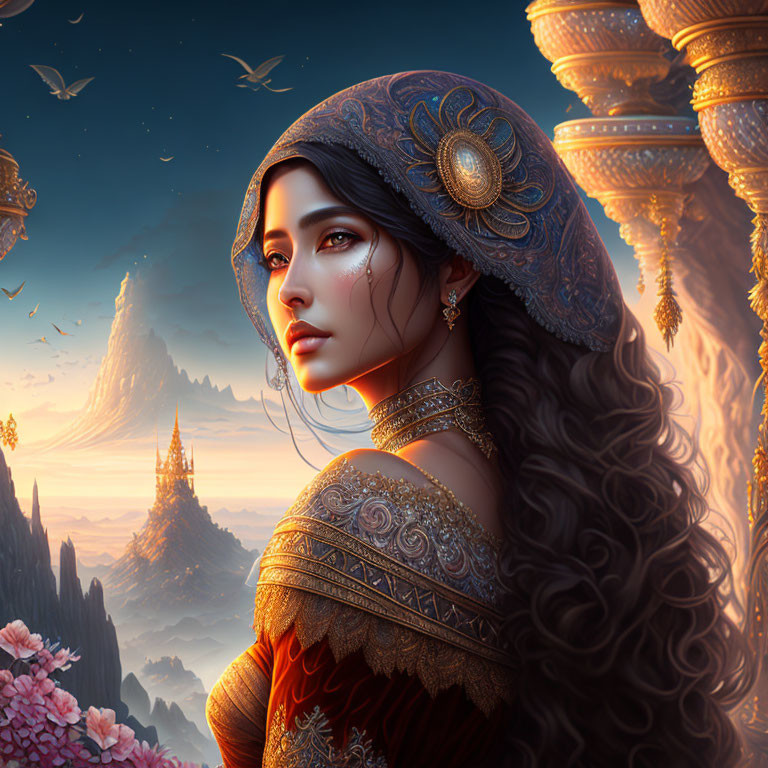 Fantastical digital artwork of a woman in elaborate attire in a sunset landscape