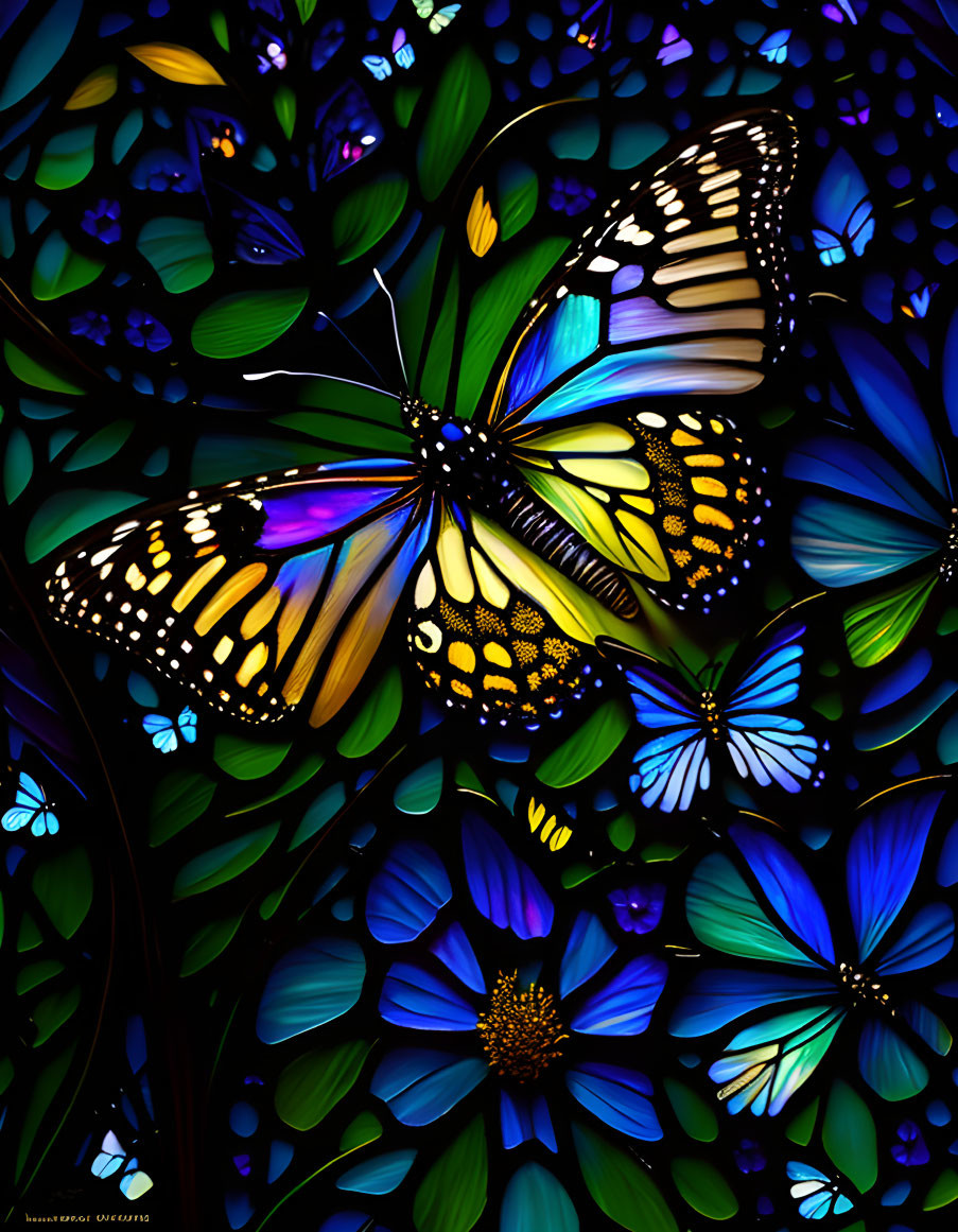 Colorful butterfly in stained glass style with flowers and greenery