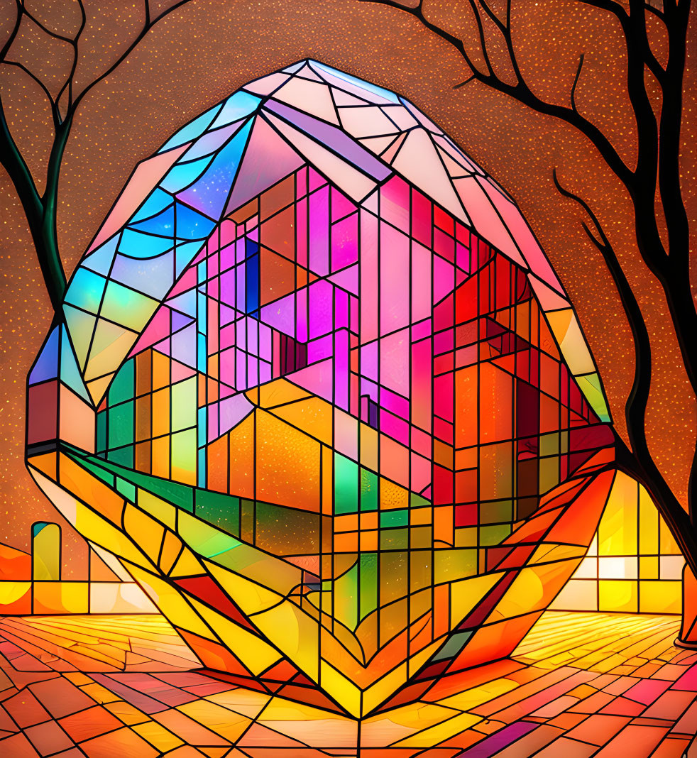 Colorful Stained Glass Crystal Structure at Twilight Sky