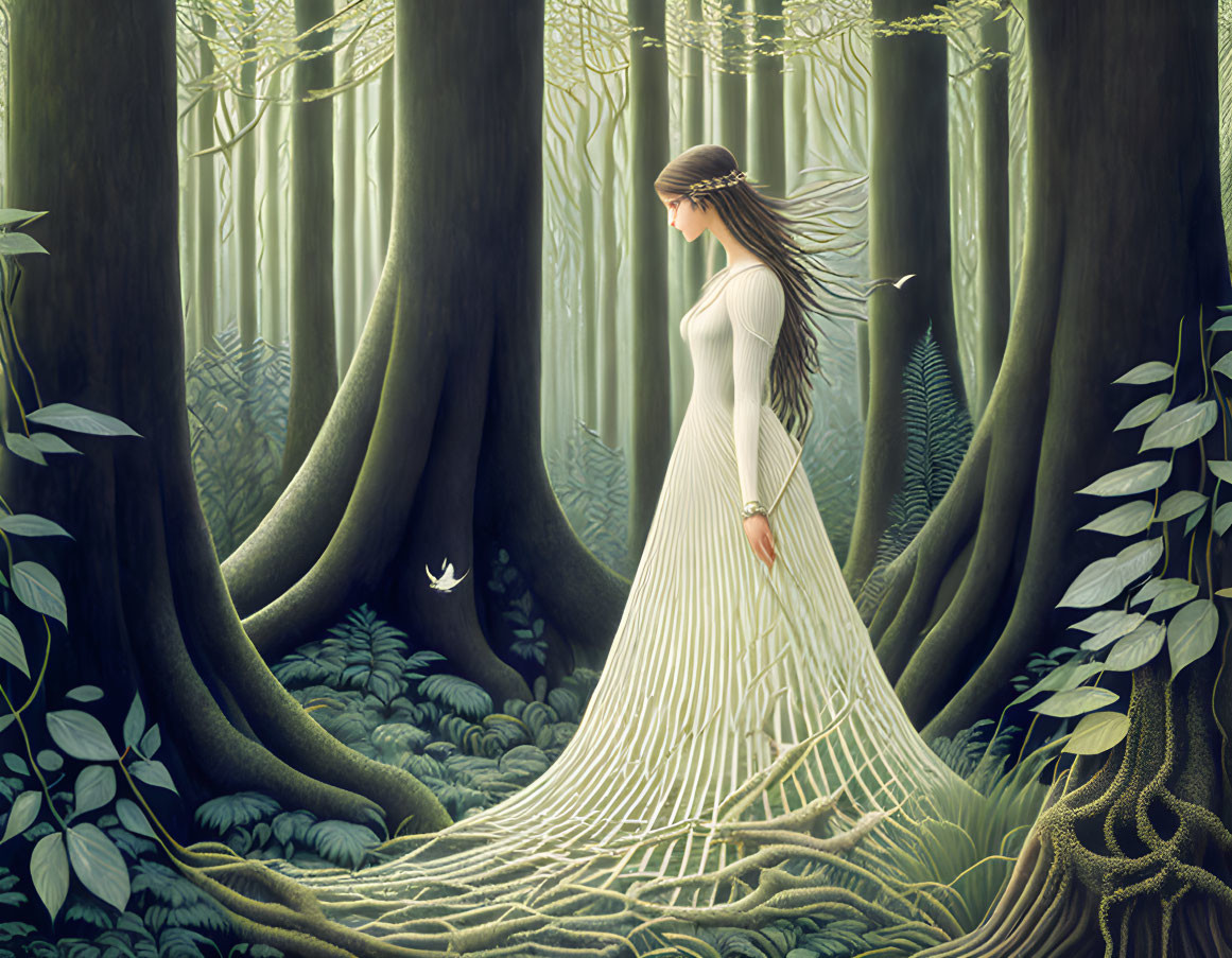 Woman in flowing white dress merges with mystical forest roots