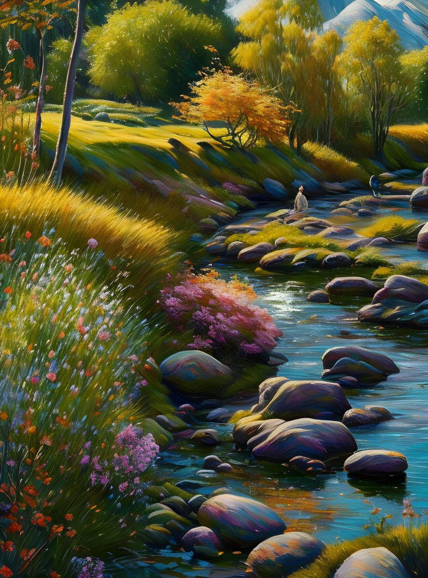 Tranquil Stream Bed with Multicolored Stones and Lush Flora