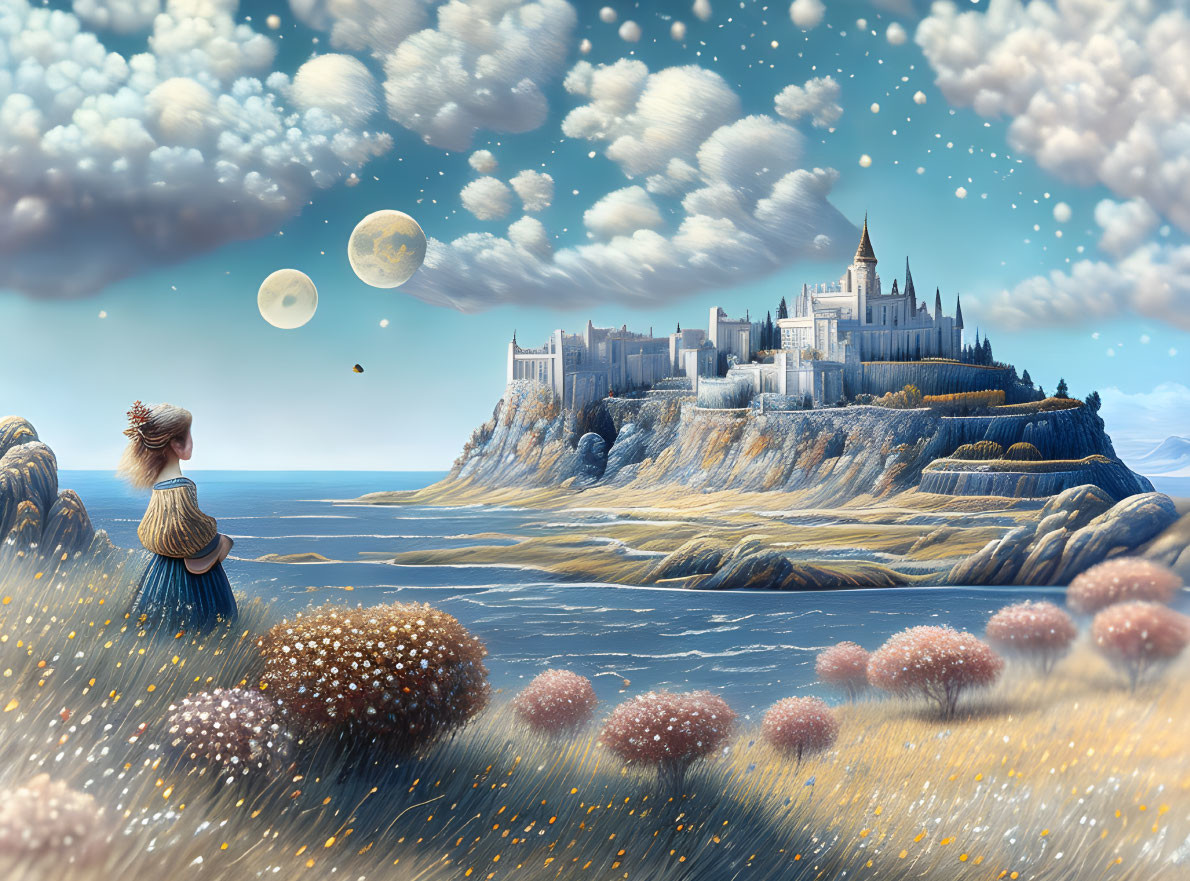 Woman admires cliffside castle in fantastical moonscape