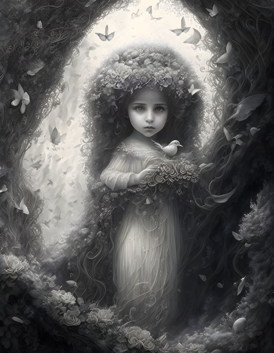 Monochrome image of young girl with ornate headpiece in mystical forest