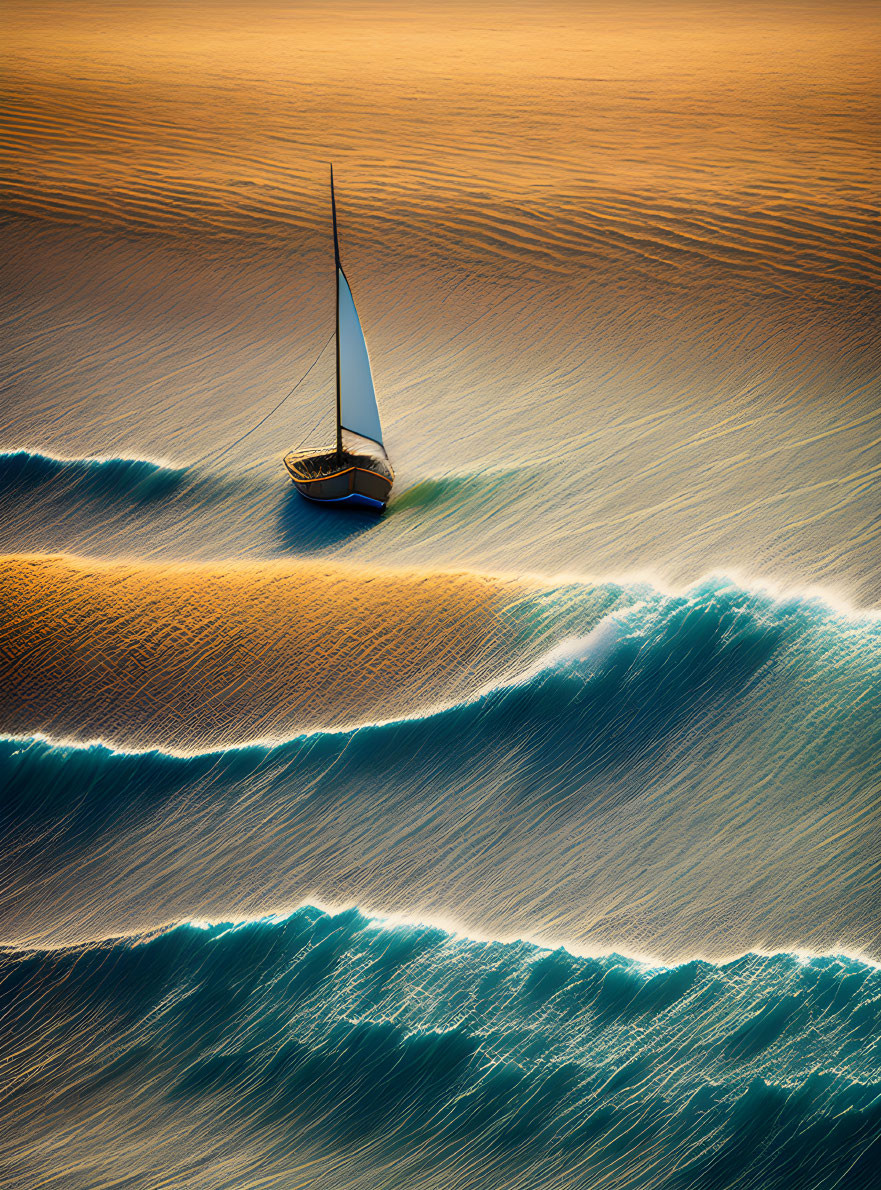 Sailboat gliding on golden-lit sea with gentle waves