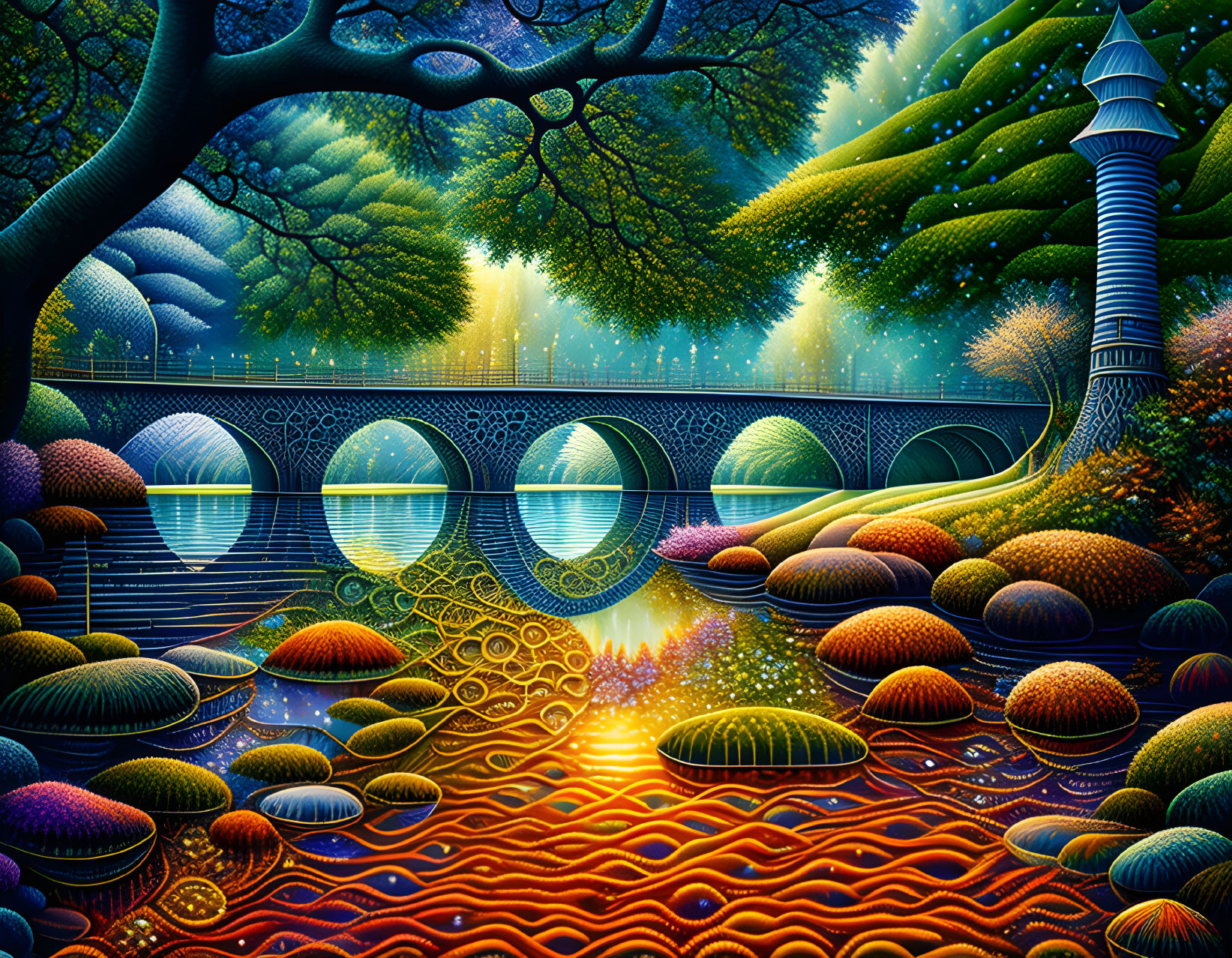 Fantastical landscape with bridge, tower, and starry sky