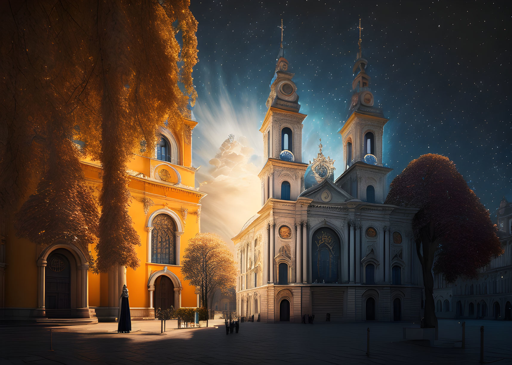 Baroque-style church at sunset with autumn trees and lone figure