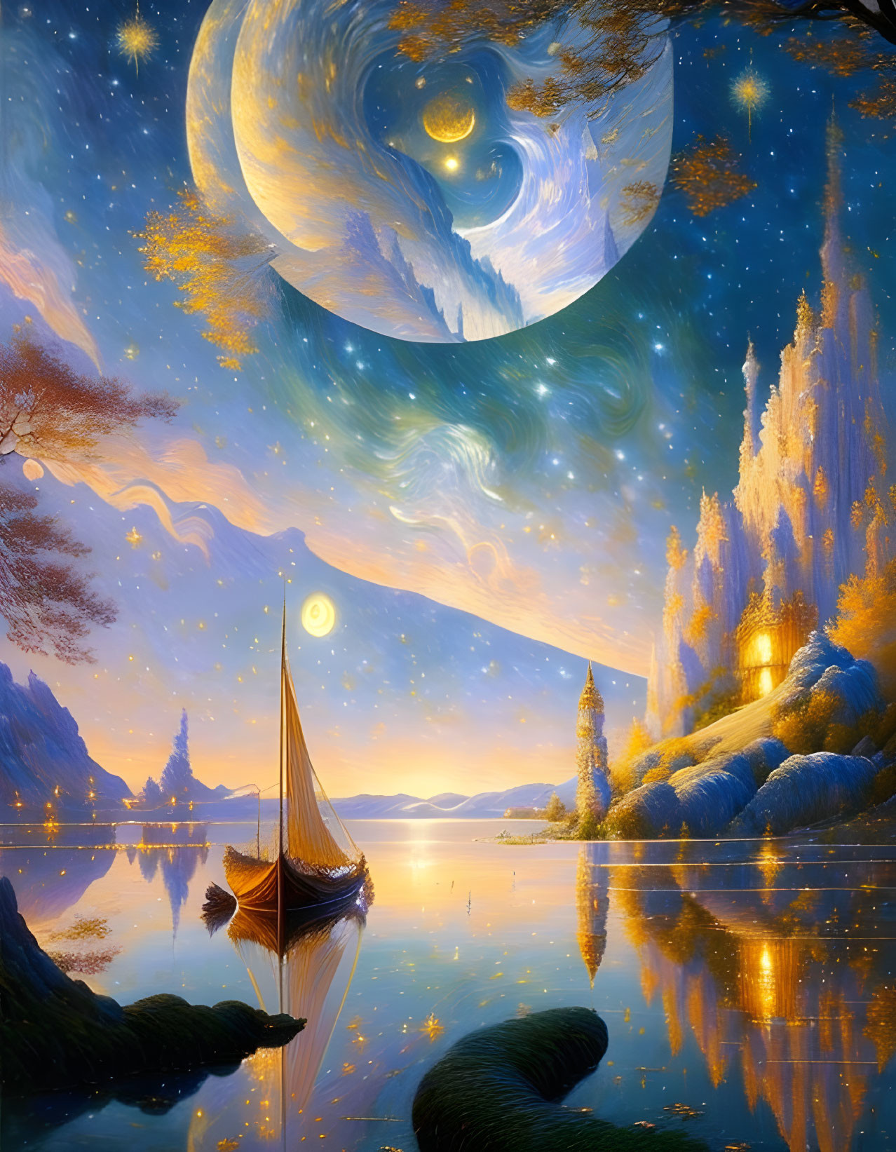 Tranquil fantasy landscape with moon, starry sky, glowing trees, and reflective water