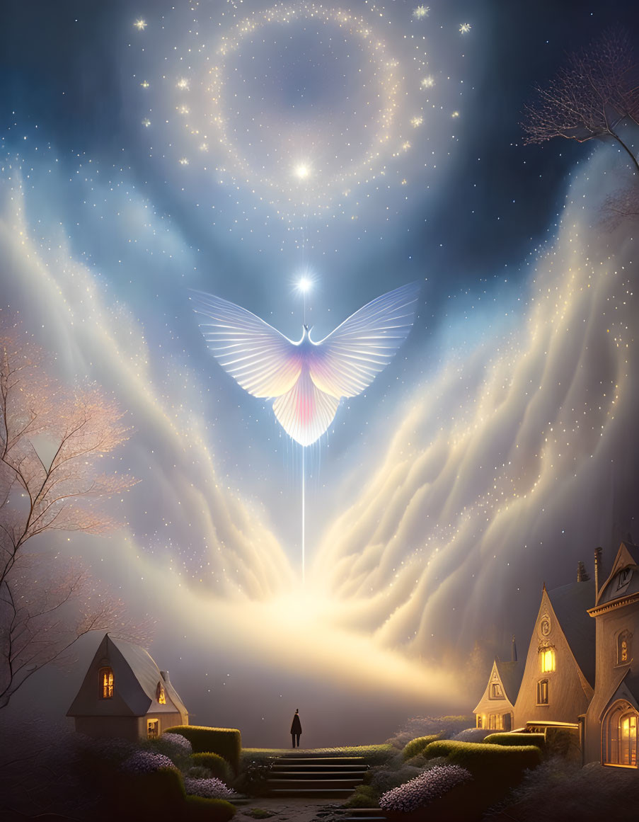 Mystical night scene with glowing angelic figure above quaint houses