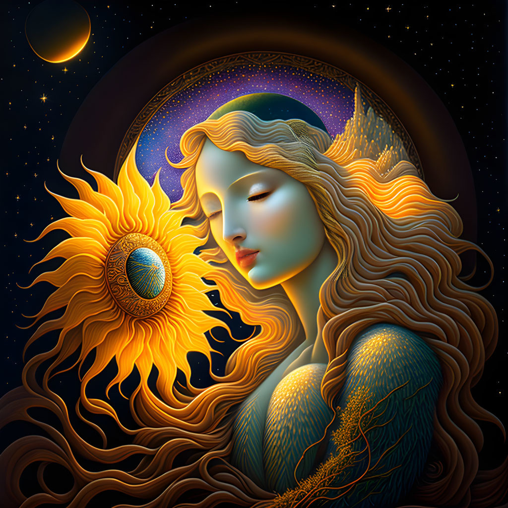 Woman holding sun in surreal celestial illustration