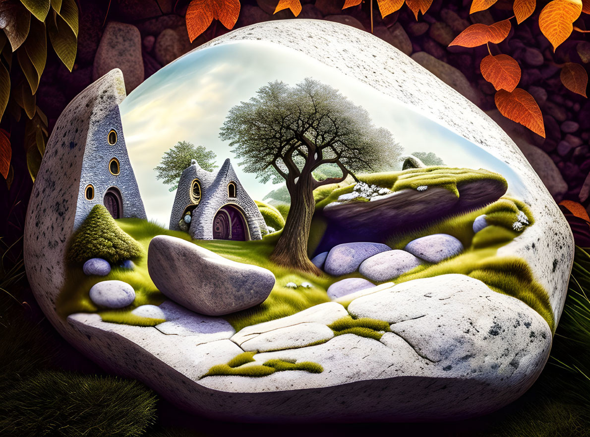 Whimsical egg-shaped rock houses in lush garden landscape