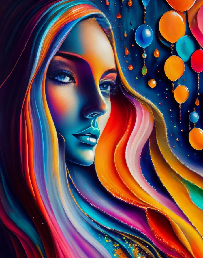 Vibrant rainbow hair and blue-purple skin art with abstract spheres