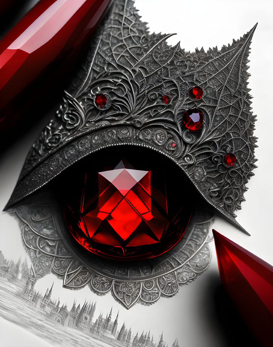 Red crystal in silver setting with leaf patterns and red gems on grayscale cityscape.