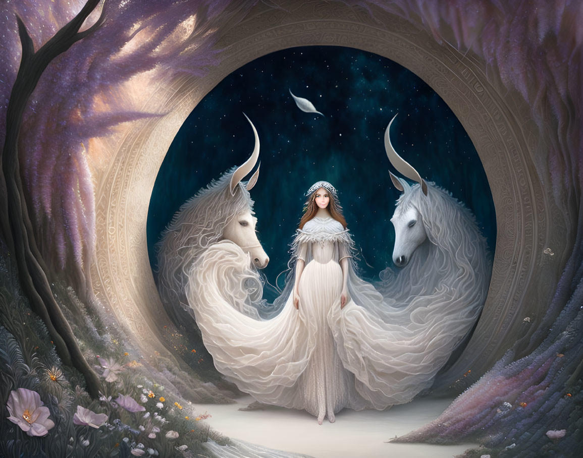 Woman in white dress with unicorns in magical portal under starry sky