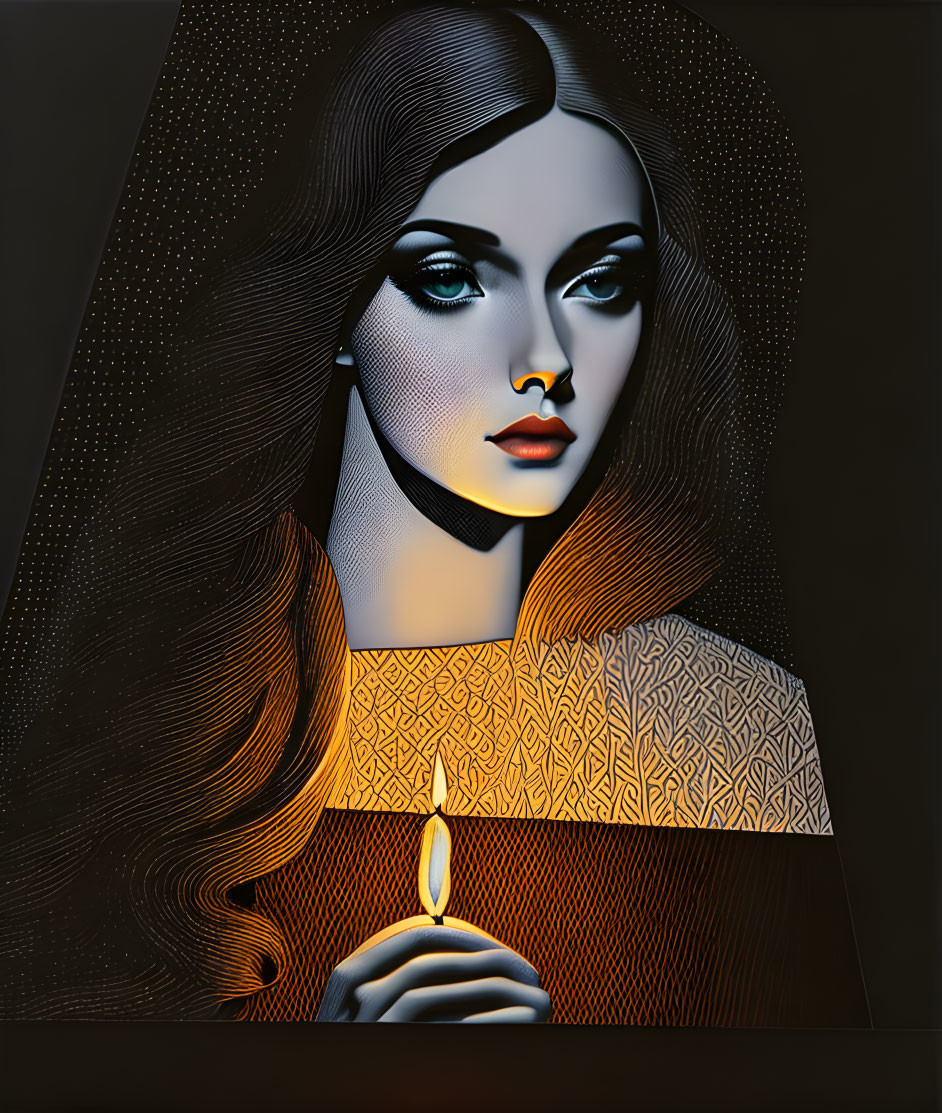 Stylized woman with flowing hair holding candle on dark background