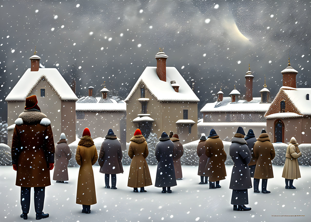 Snowy village scene: People in winter clothes observing comet at night