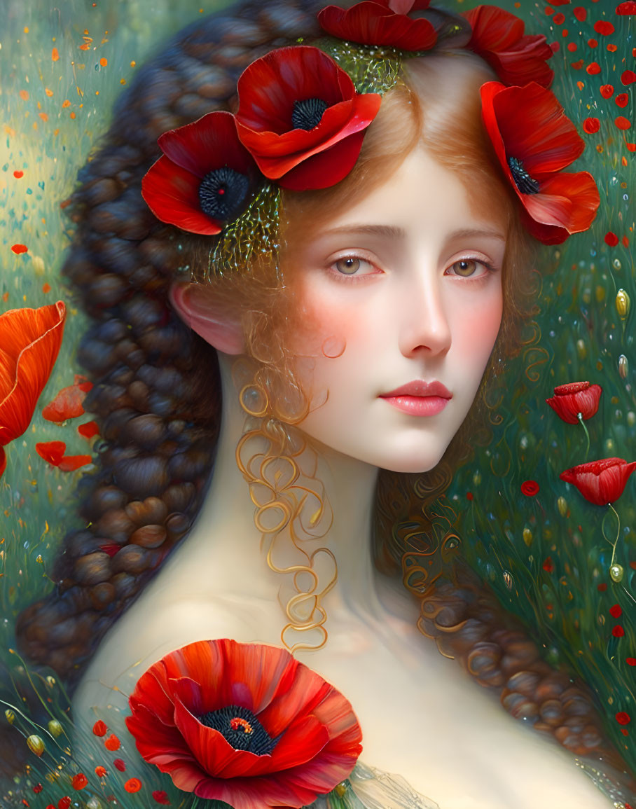 Portrait of woman with elfin features and red poppies in braided hair.