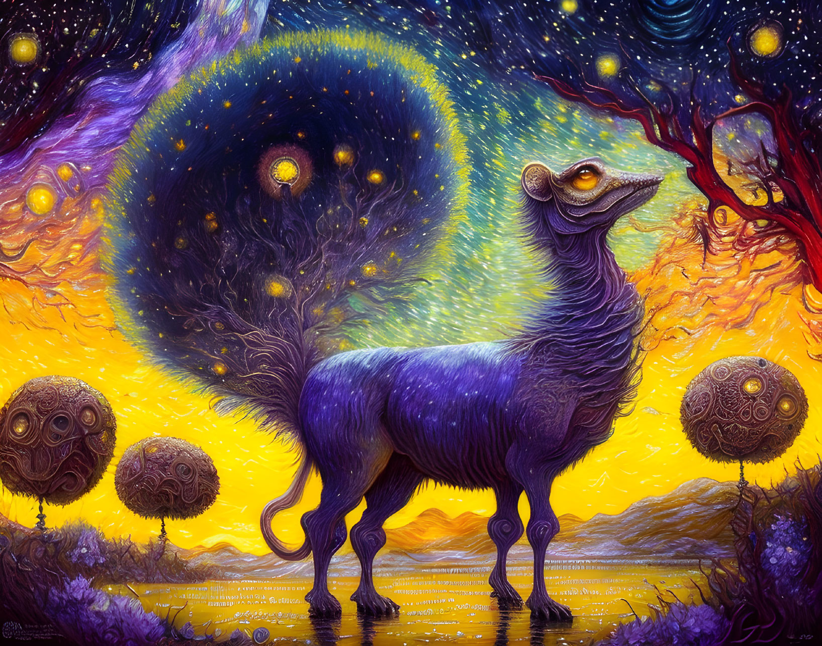 Purple mythical creature with peacock-like tail in vibrant fantasy landscape