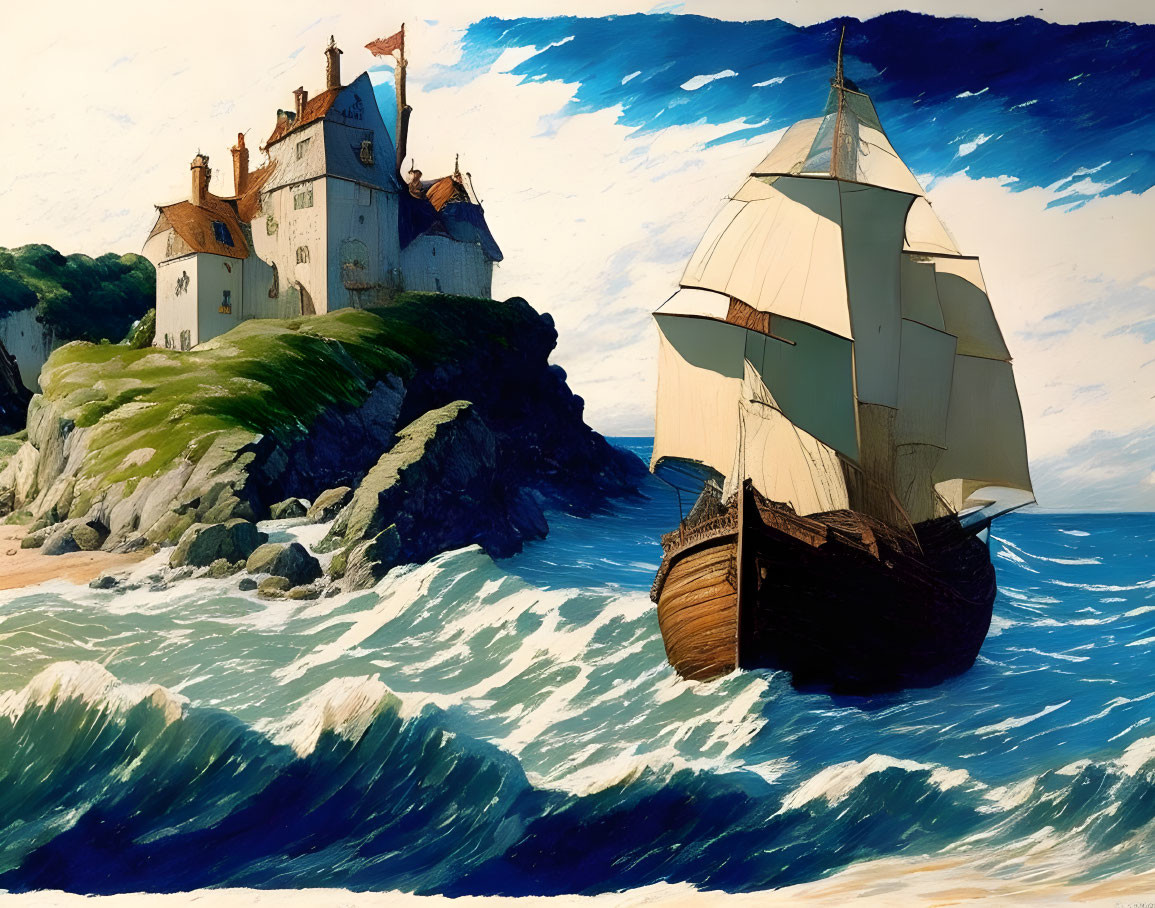 Sailing ship near rocky coastline with castle under vibrant sky