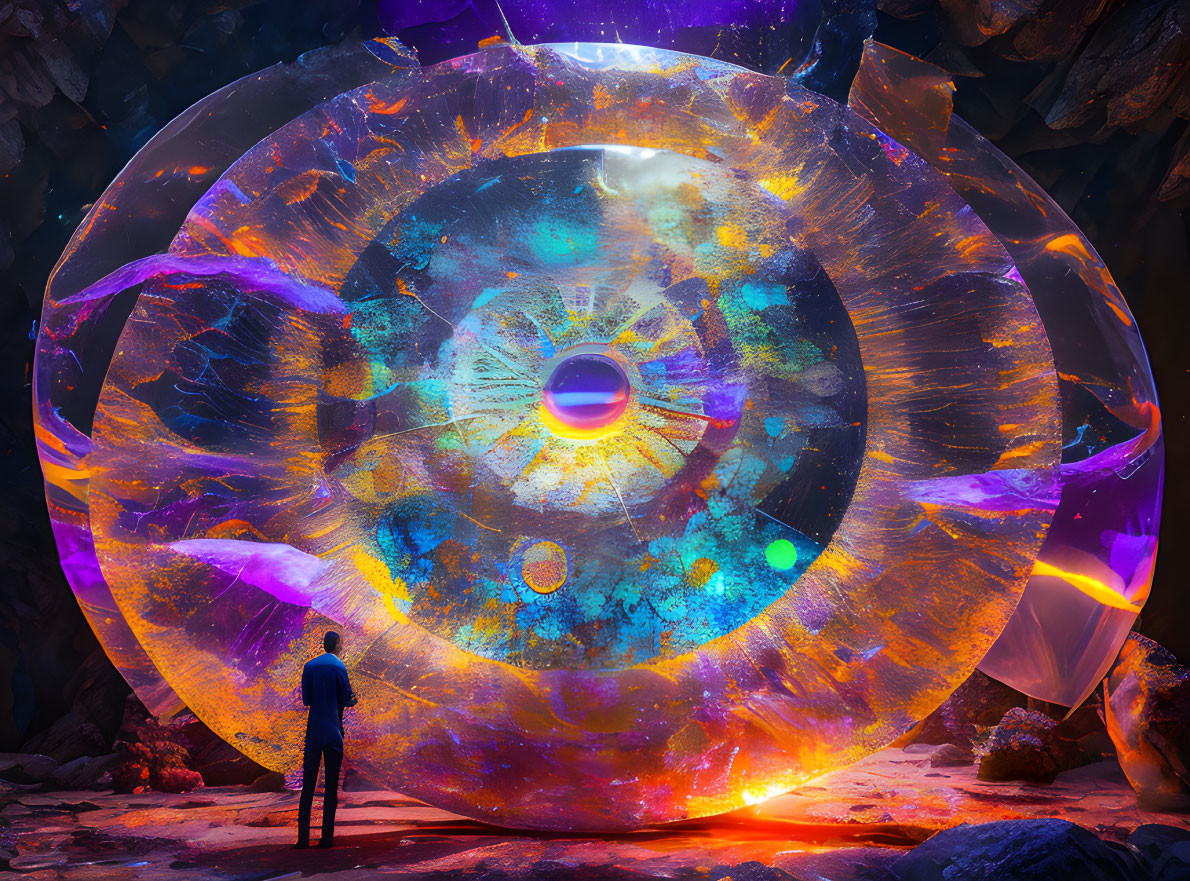 Cosmic wheel in rocky cavern emits ethereal light