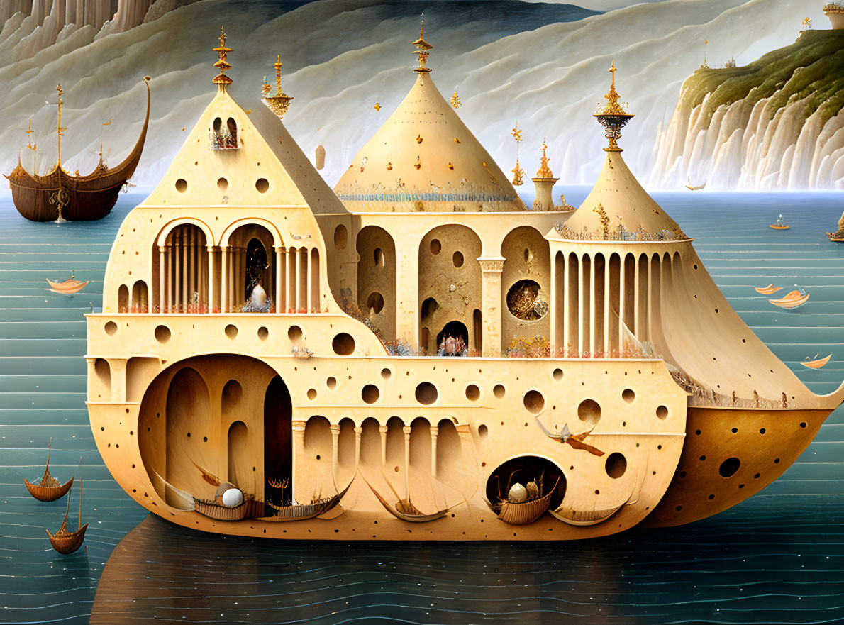 Whimsical painting of golden castle ship on serene sea