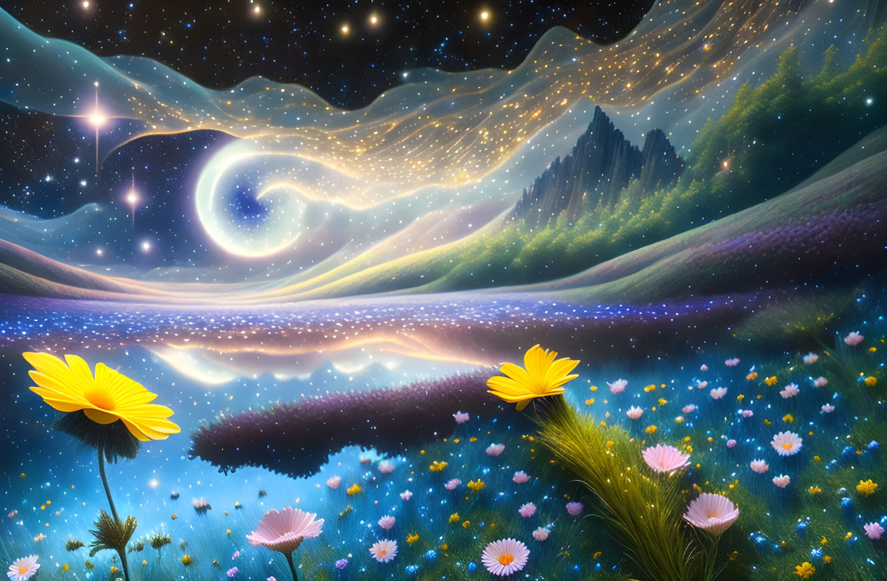 Colorful cosmic landscape with starry sky, wildflowers, mountains, and tranquil water.