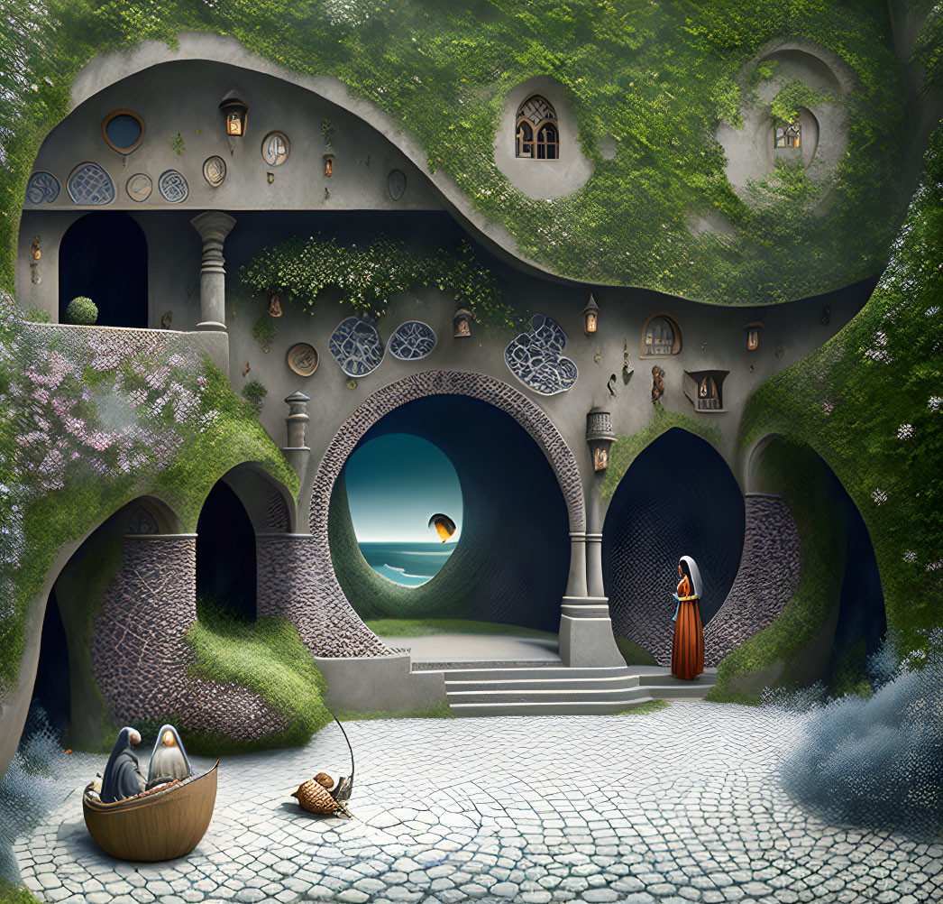 Fantasy underground house with rounded doors, ocean view, and figure in a cape