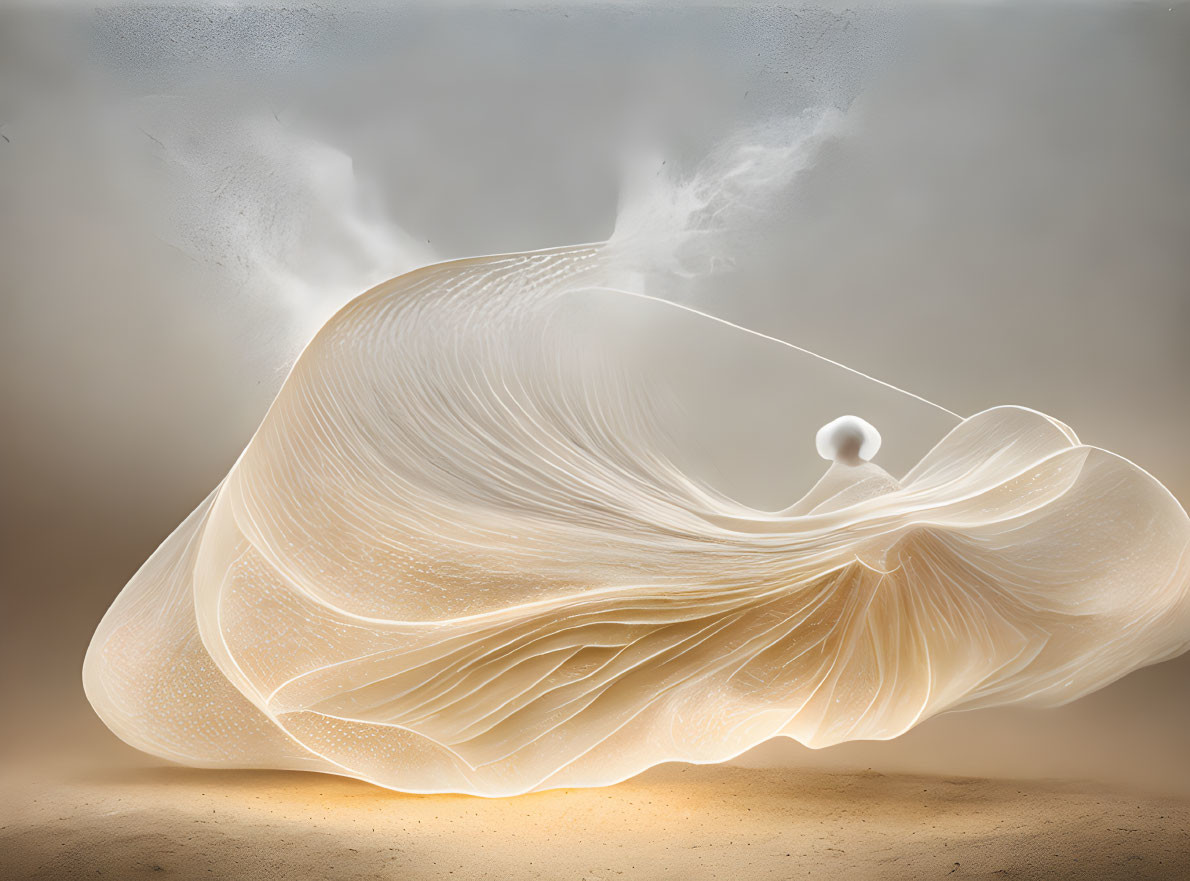 White translucent fabric in dynamic motion with a white sphere atop