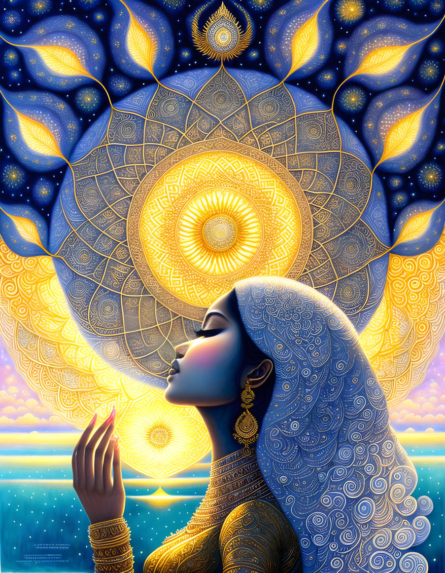 Stylized woman with decorative patterns on celestial backdrop