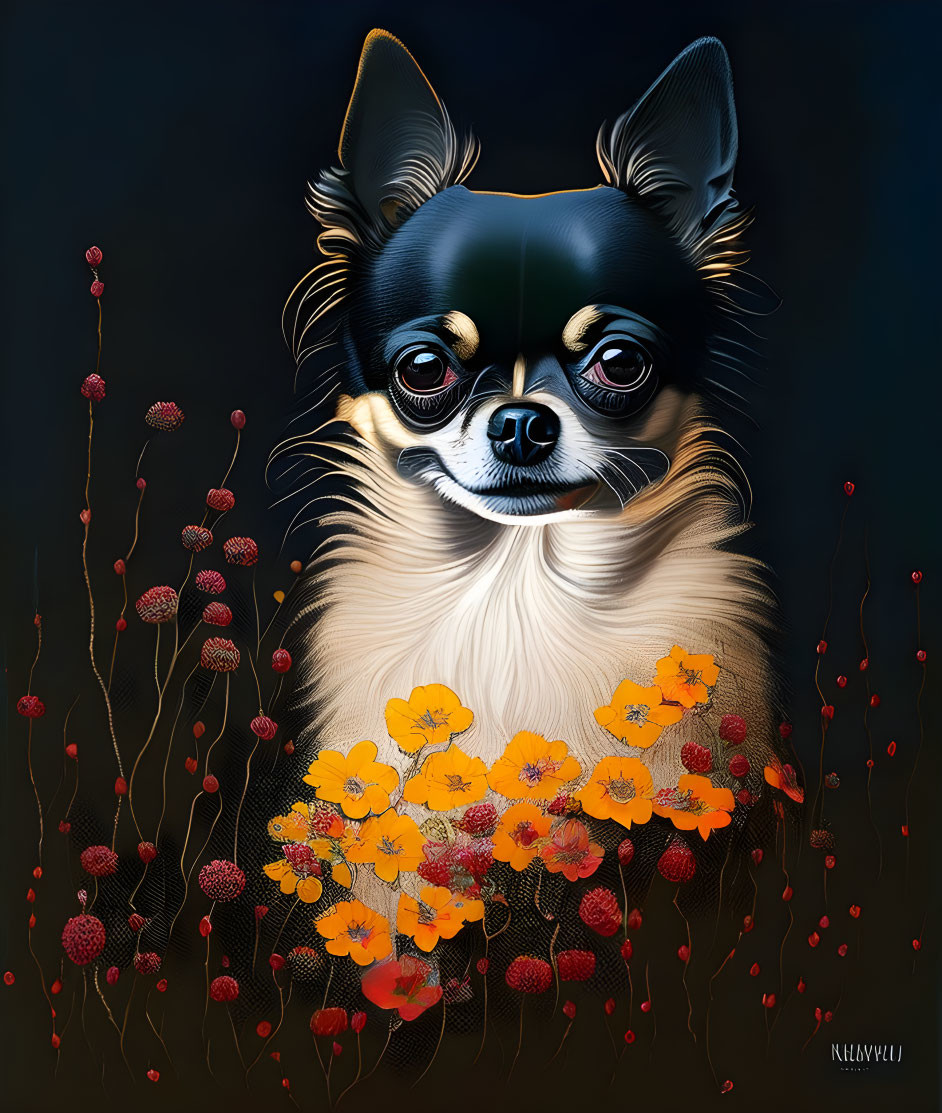 Chihuahua surrounded by red and orange flowers on dark background