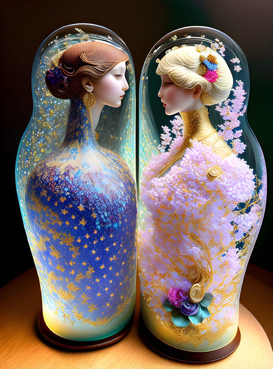 Stylized female figures in ornate vessels with starry and floral motifs