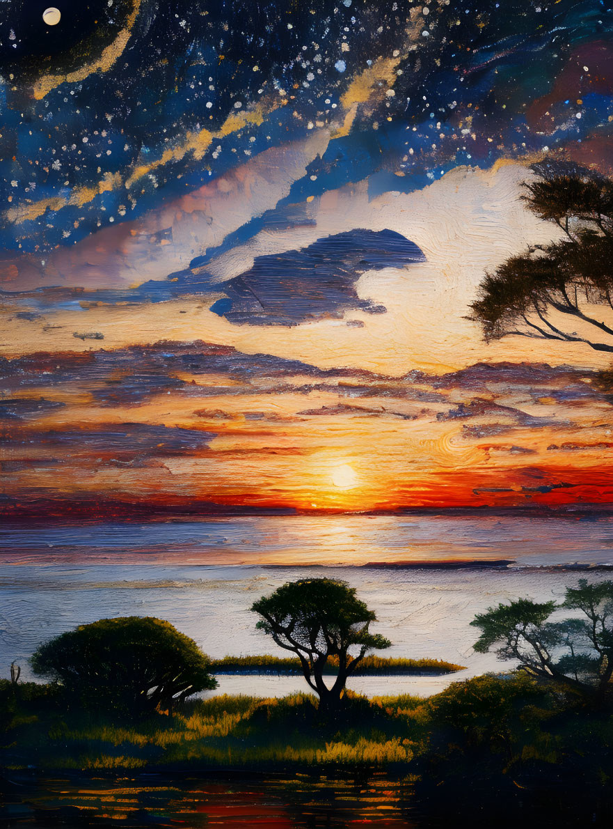 Starry night sky merges with vibrant African savanna sunset.