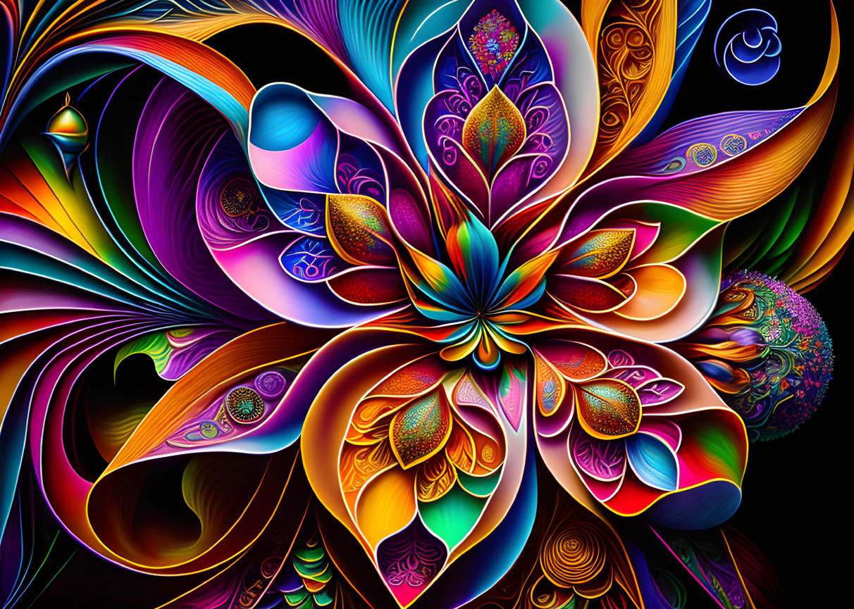 Colorful Symmetrical Flower Fractal Art on Black Background