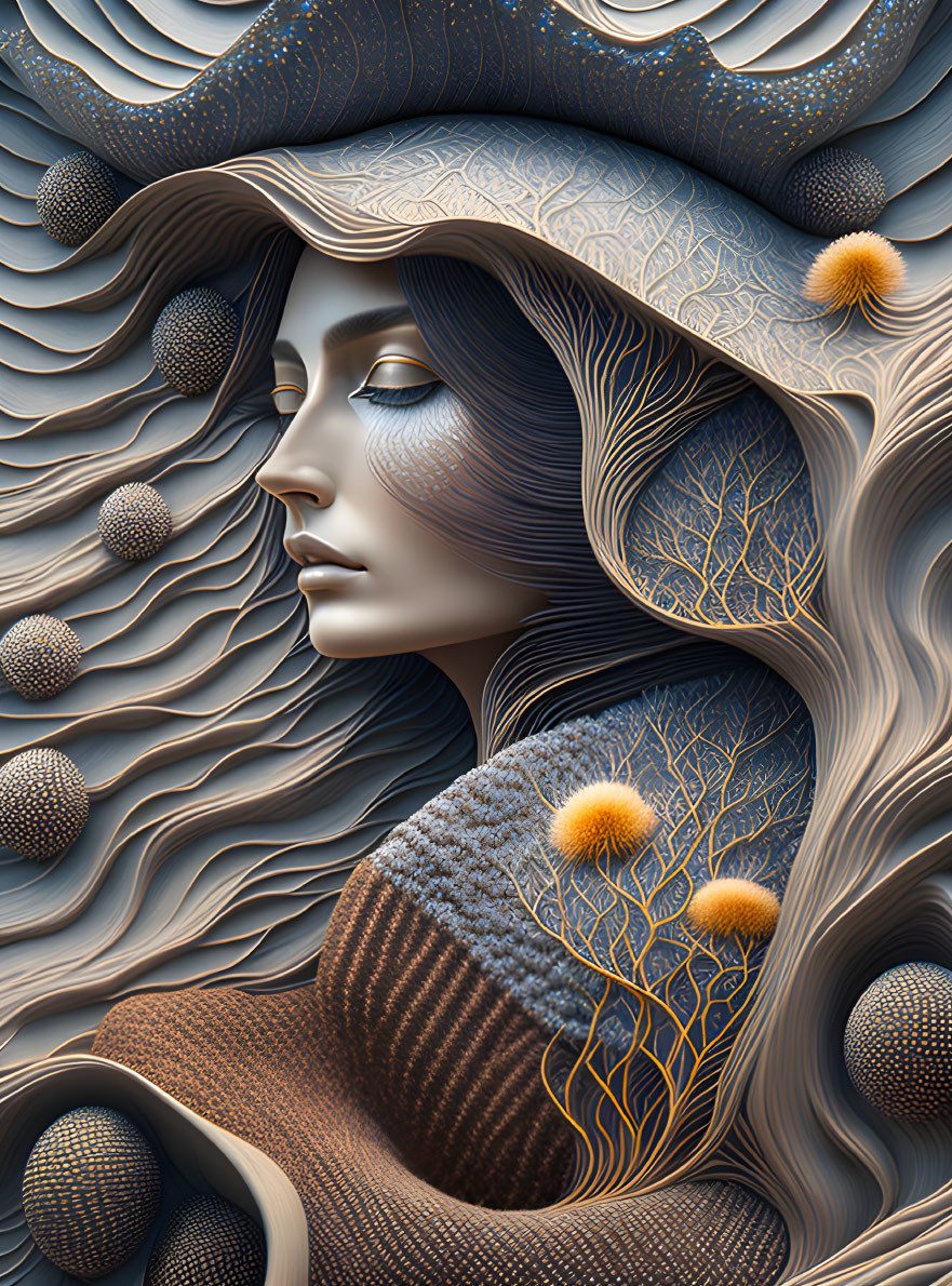 Detailed digital artwork of woman's profile with flowing hair and tree-like patterns.