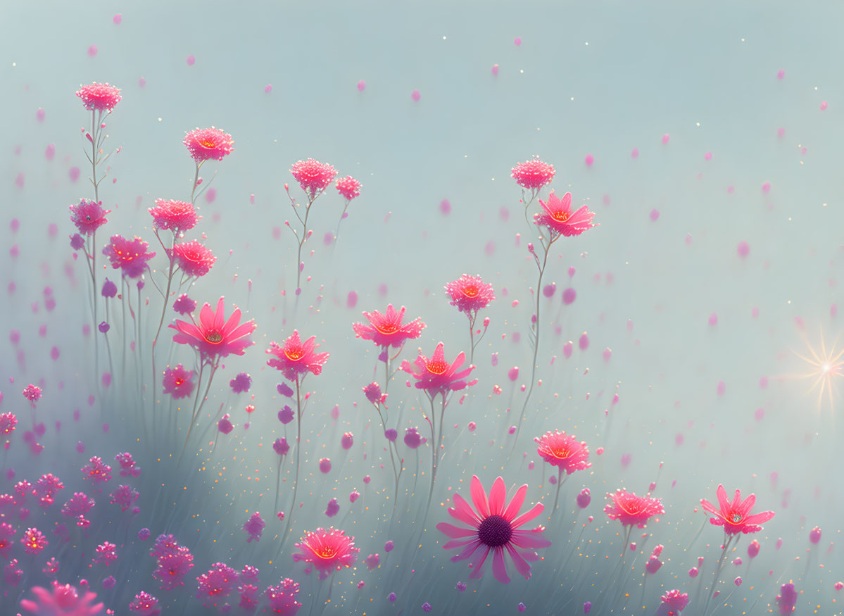 Pink flowers in tall grass with soft glow and floating particles.