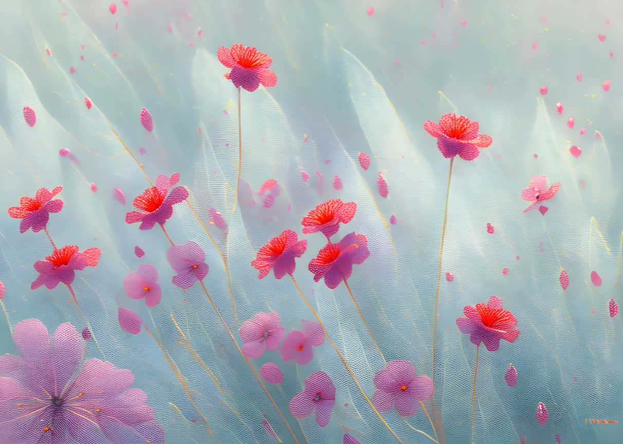 Colorful digital artwork: Red and pink flowers on pastel blue background