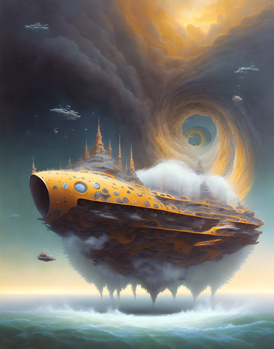 Fantastical airship floating in vortex-like sky