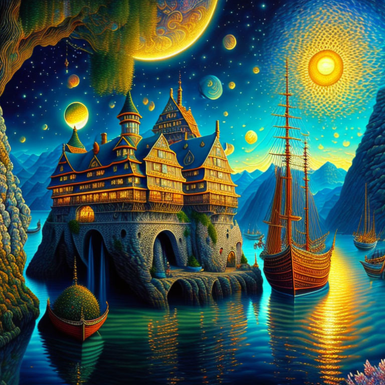 Majestic castle on cliff with sailing ship under stellar sky