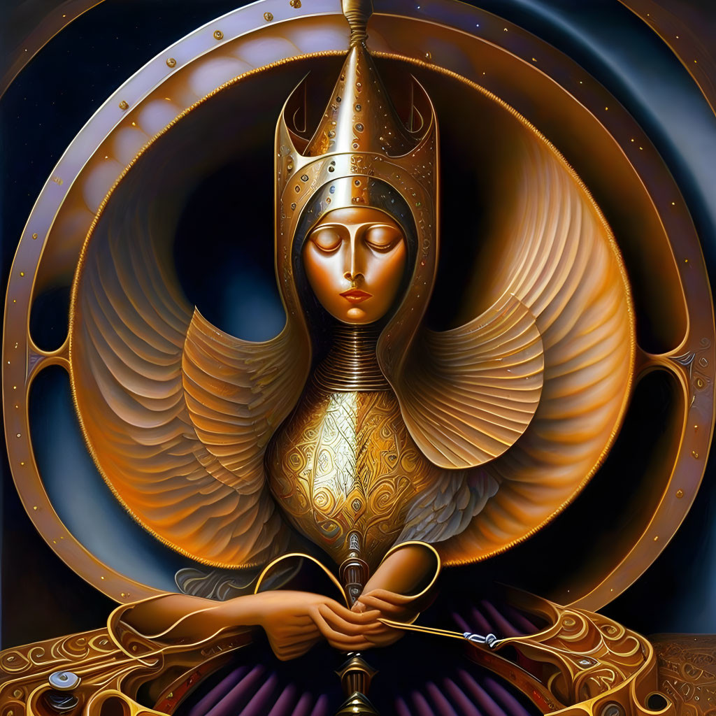 Stylized female figure with metallic crown, wings, and sword in cosmic setting