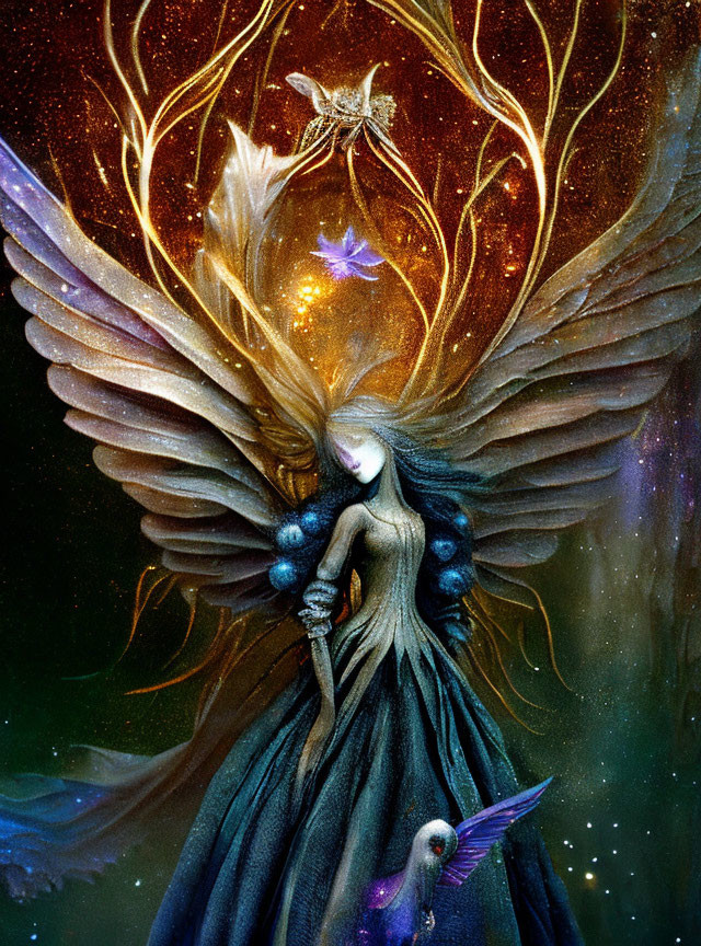 Fantastical painting: Winged being with bird-like creature in luminous, starry aura.