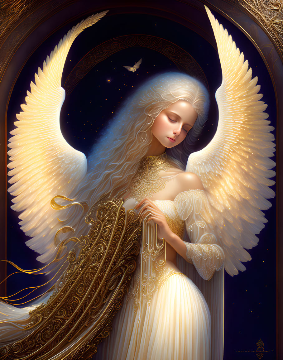 Ethereal angel with luminous wings and golden-trimmed gown