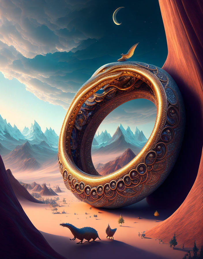 Surreal landscape with giant ring, foxes, crescent moon, mountains, orange sky