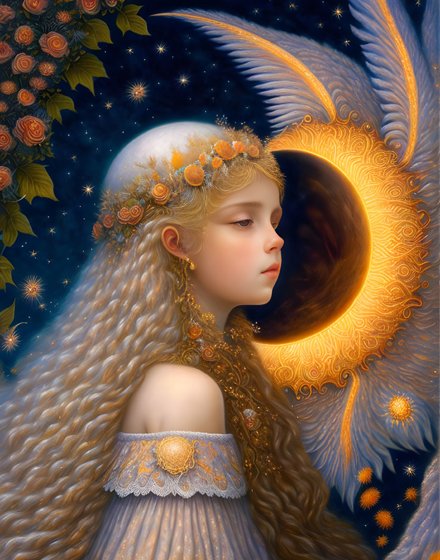 Surreal portrait of young girl with celestial-themed crown