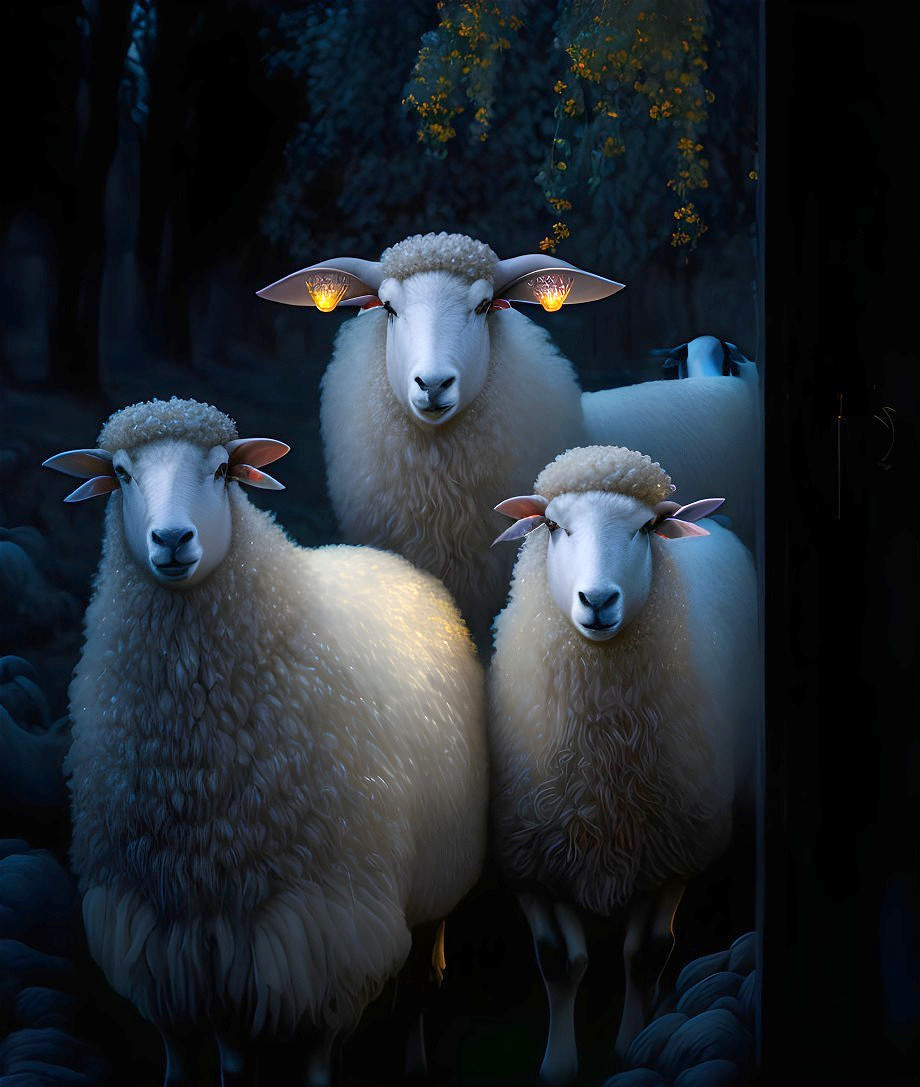 Three glowing-eyed sheep in soft yellow light.