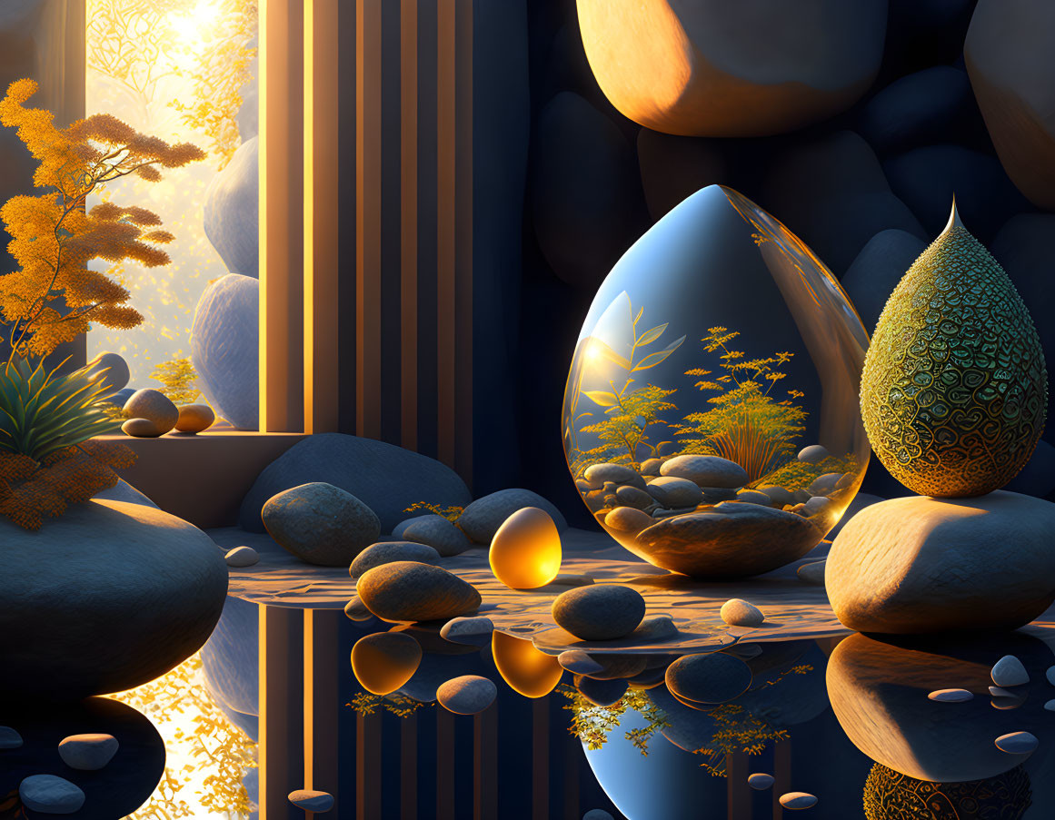 Tranquil digital art scene with stones, water, eggs, and foliage