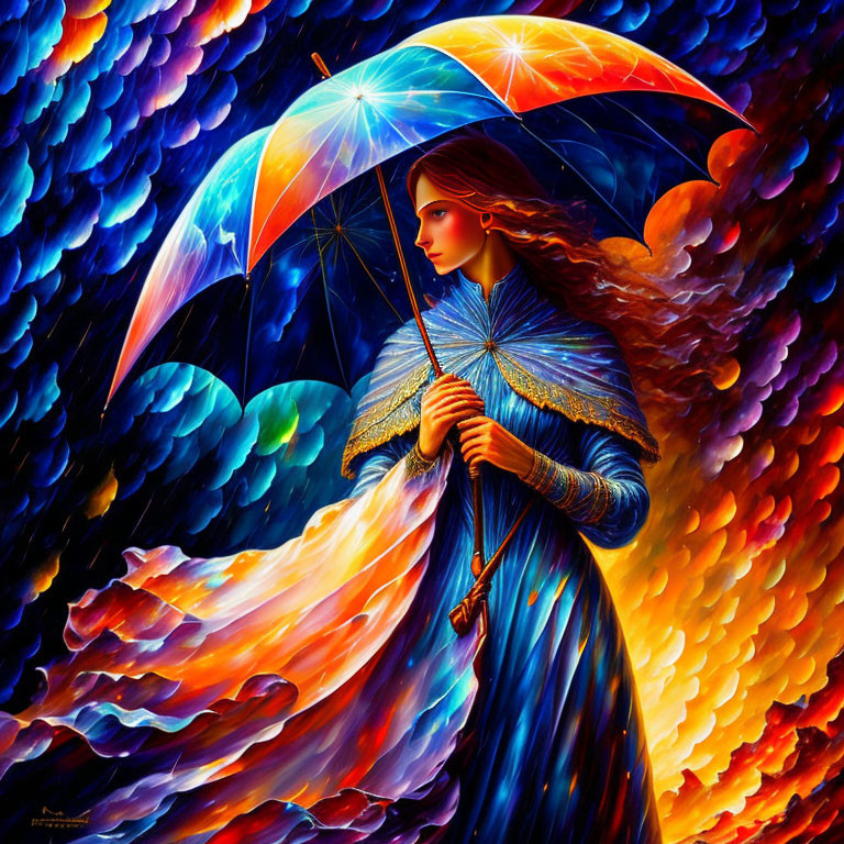 Woman in flowing dress with colorful umbrella in vibrant, swirling backdrop