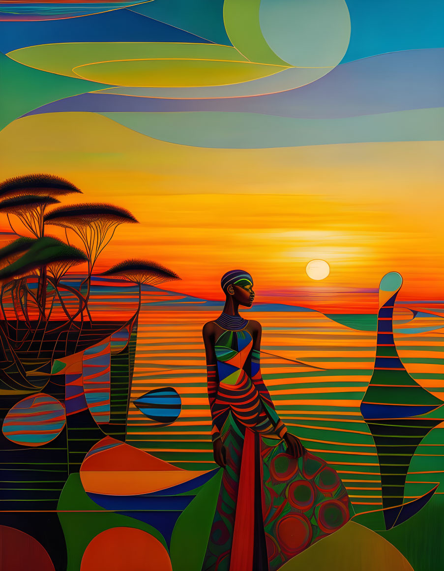 Colorful African woman painting in surreal sunset landscape