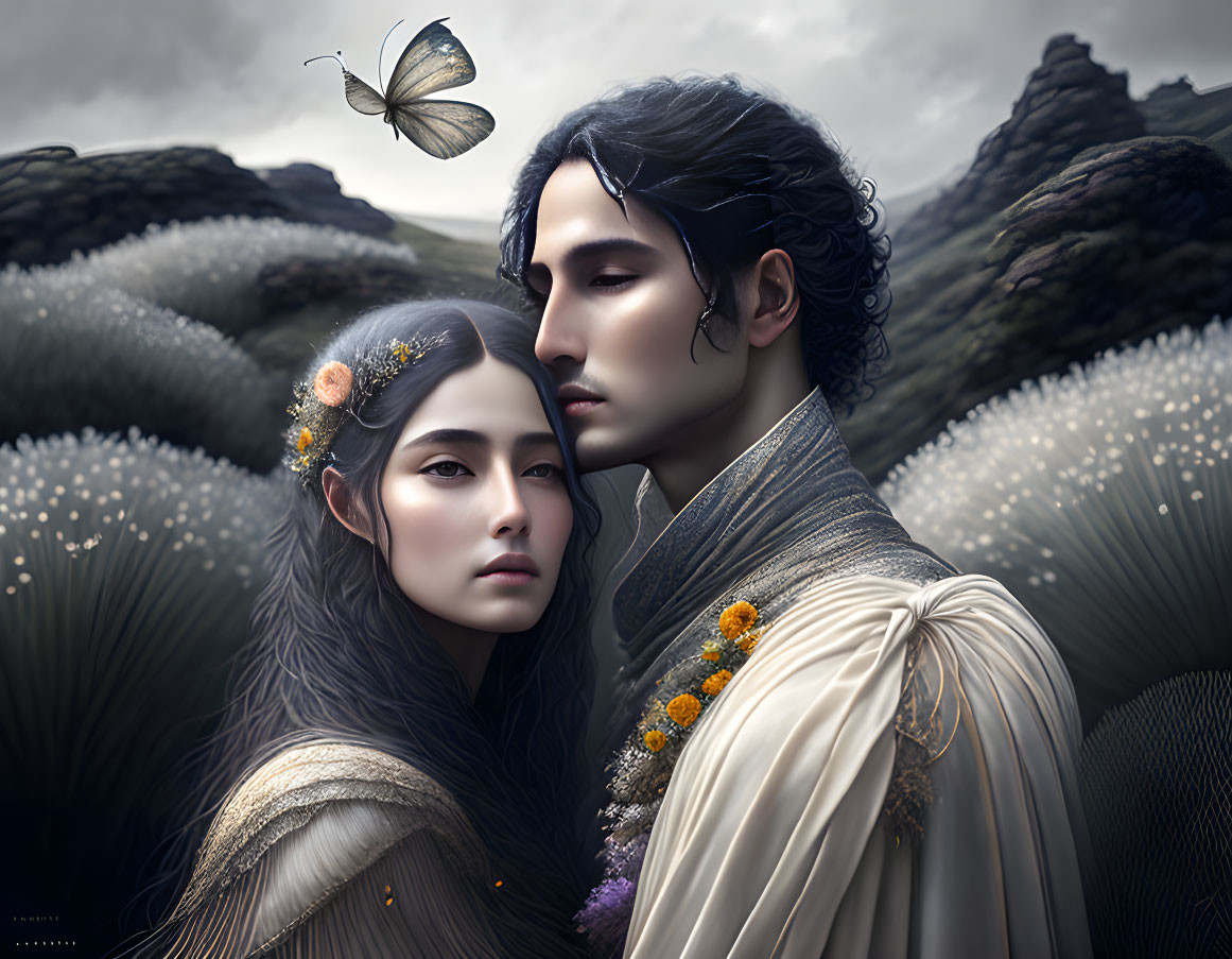 Ethereal man and woman in mystical landscape with flowers and butterfly